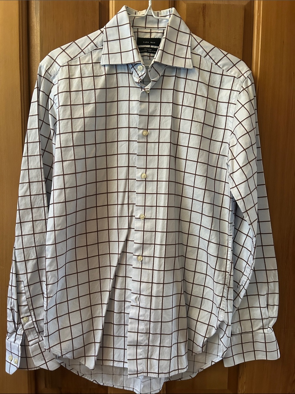 Zara Blue Dress Shirt with Brown Windowpane Check